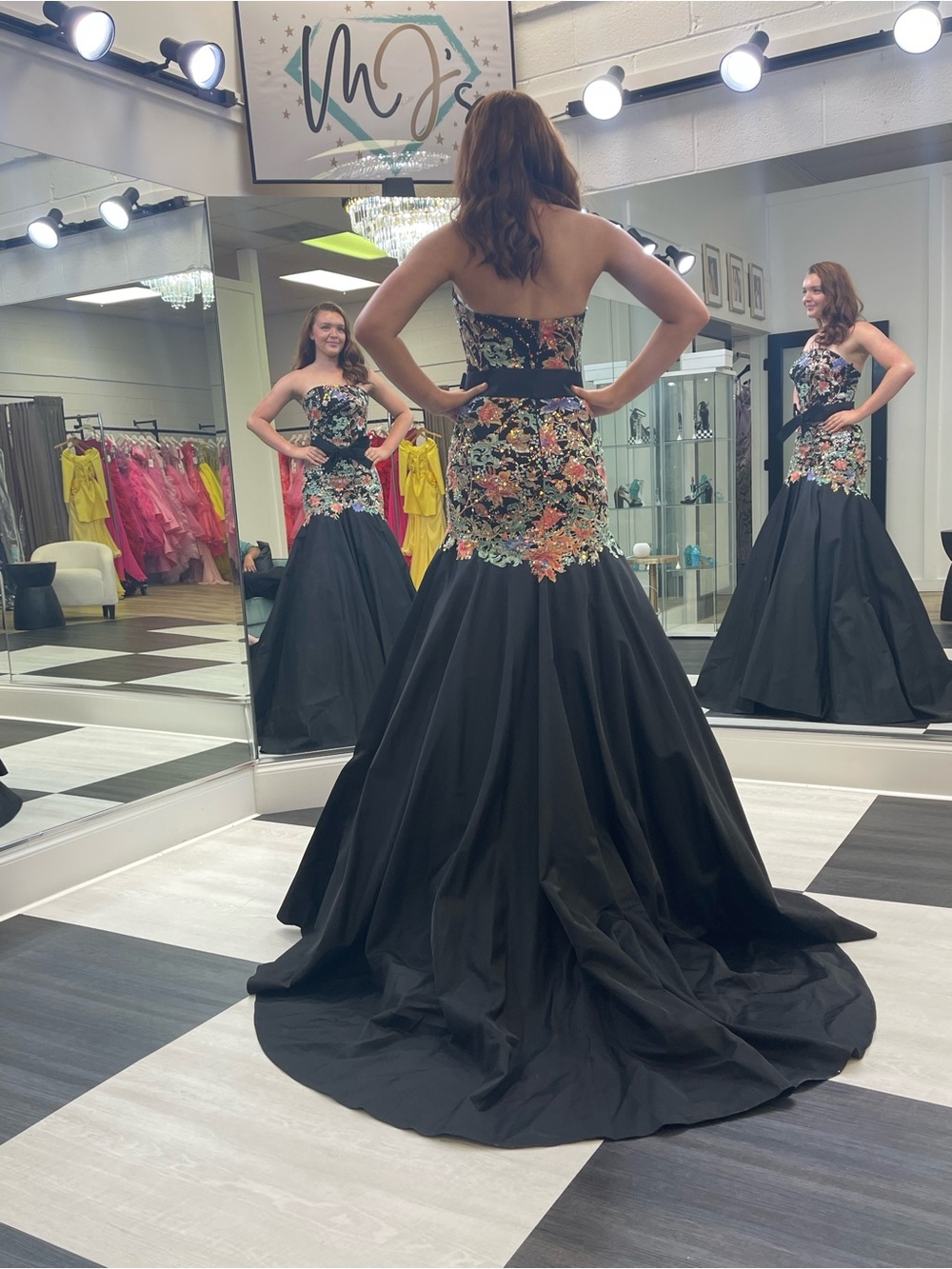 Strapless Black Prom Gown with Floral Embroidery